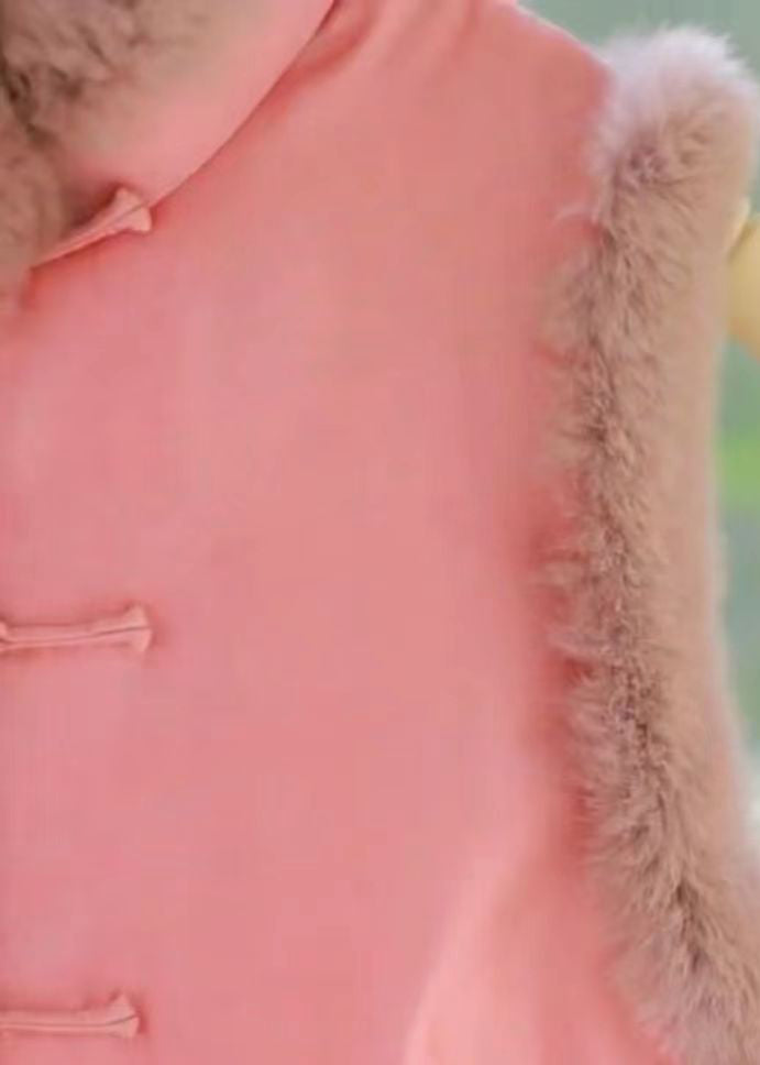 Pink Stand Collar Button Teddy Patchwork Cotton Filled Vest Sleeveless