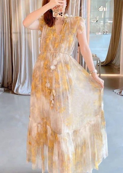Yellow Ruffled Lace Up Chiffon Two Pieces Set Sleeveless