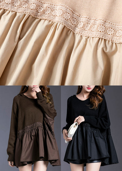 Black Hooded Patchwork Knit Pullover Spring