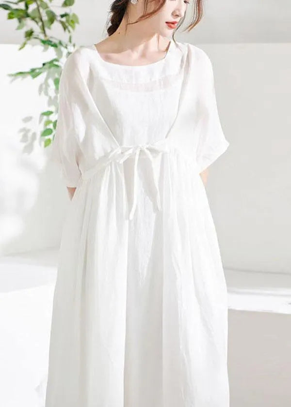 Comfy White Tie Waist Patchwork Summer Ramie Vacation Dresses Half Sleeve