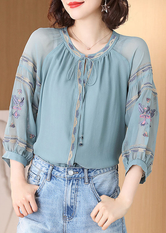 Light Blue O-neck Drawstring Embroideried Silk Tops Spring