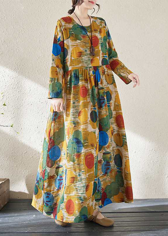 Yellow Patchwor Print Vacation Dresses Long Sleeve
