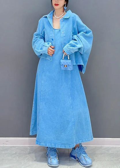 Boutique Blue Oversized Denim Two Piece Set Fall
