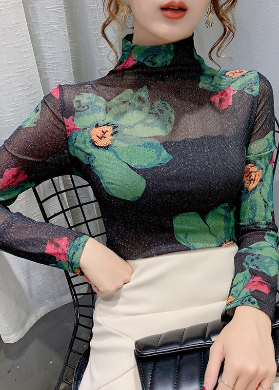 Green Turtleneck Print Lace Tulle Warm Fleece Thick Tops Bottoming Shirt