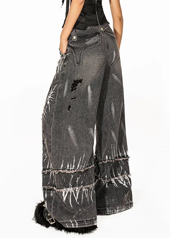 Loose Dark Grey Pockets Tie Dye Hole High Waist Wide Leg Jeans