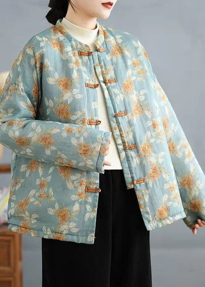 Light Blue Print Fine Cotton Filled Coats Stand Collar Spring