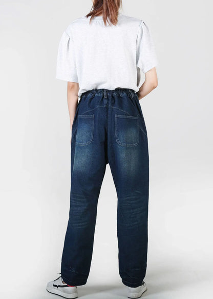Navy Pockets Patchwork Denim Straight Pants Summer