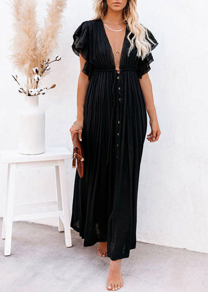 Black Ruffled Patchwork Long Dress Summer