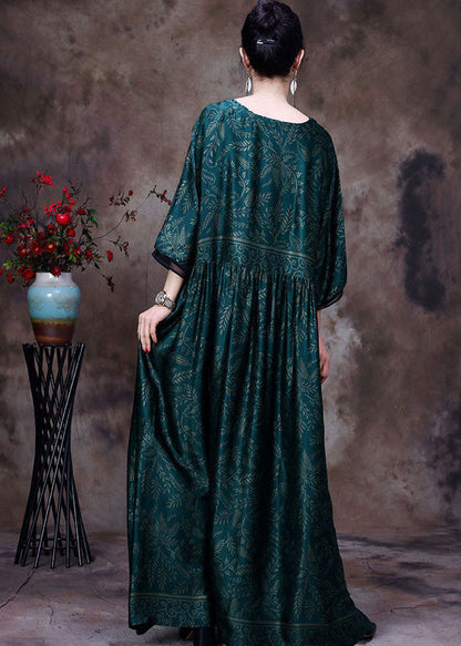 Green V Neck Wrinkled Print Silk Maxi Dresses Bracelet Sleeve