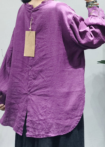Handmade Purple O-neck Back Buckle Lace Patchwork Linen Top Long Sleeve