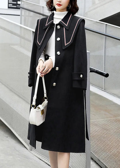 Red Button Pockets Tie Waist Woolen Coats Winter