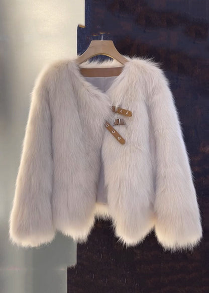 Vogue Brown V Neck Leather and Fur Coats Fall