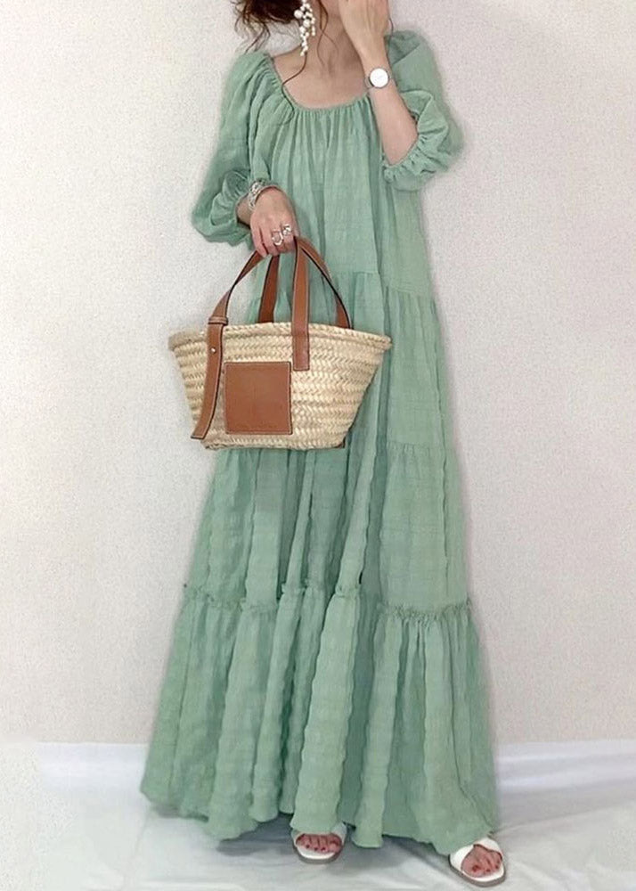 Light Green O-neck Patchwork Wrinkled Maxi Dresses Puff Sleeve
