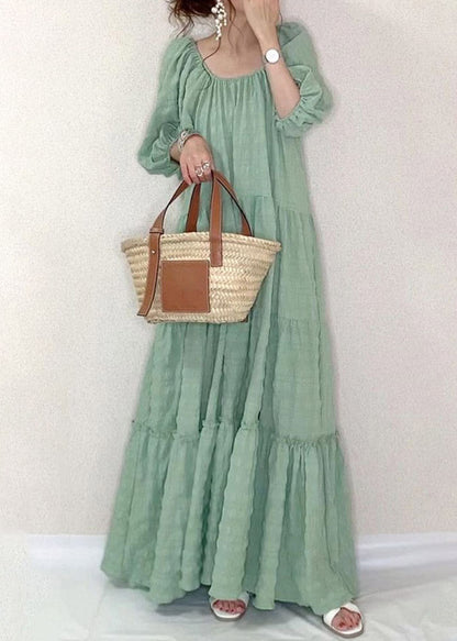 Light Green O-neck Patchwork Wrinkled Maxi Dresses Puff Sleeve