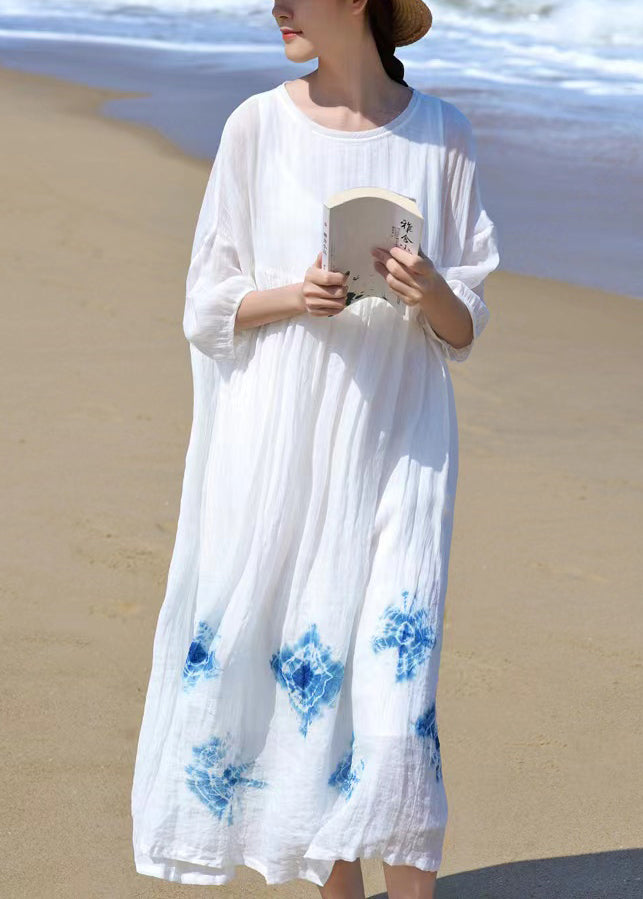 White O Neck Tie Dye Linen Dress Bracelet Sleeve