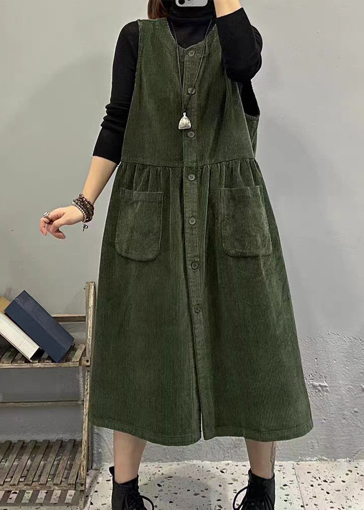 Khaki O Neck Button Pockets Corduroy Long Dresses Sleeveless