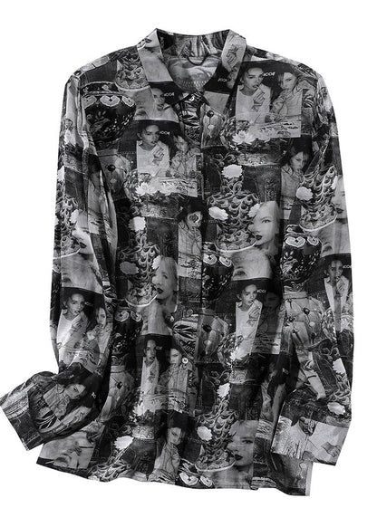 Black Peter Pan Collar Print Button Silk Shirt Long Sleeve