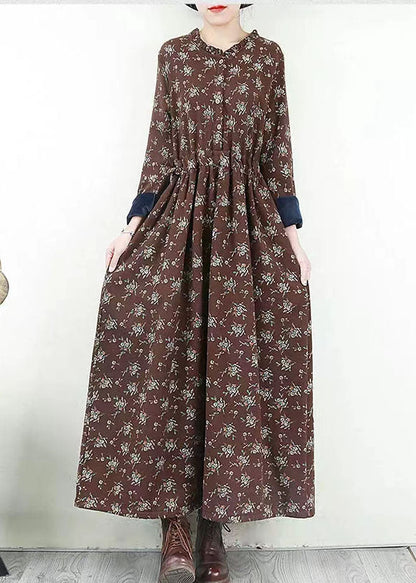 Red O-neck Cinched Print Warm Fleece Long Dresses Long Sleeve