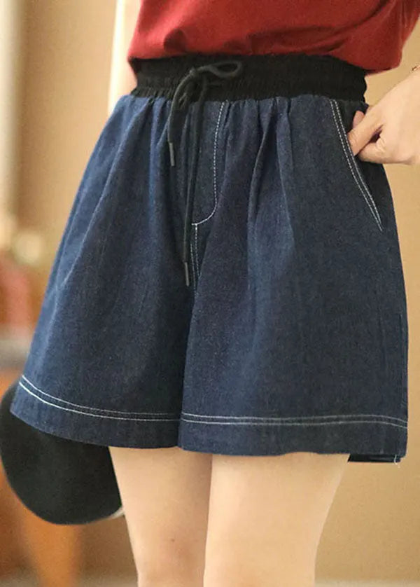 Navy Elastic Waist Drawstring Pockets Patchwork Linen Denim Shorts Summer