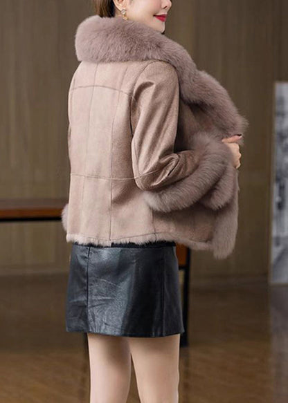 Unique Khaki Fox Collar Silm Fit Fuzzy Rabbit Leather and Fur Coats Winter