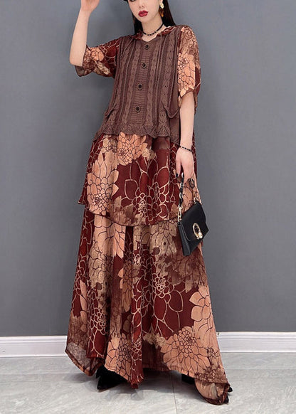 Brown Hooded Knit Patchwork Chiffon Tops and Wide Leg Pants Two Pieces Half Sleeve Spring