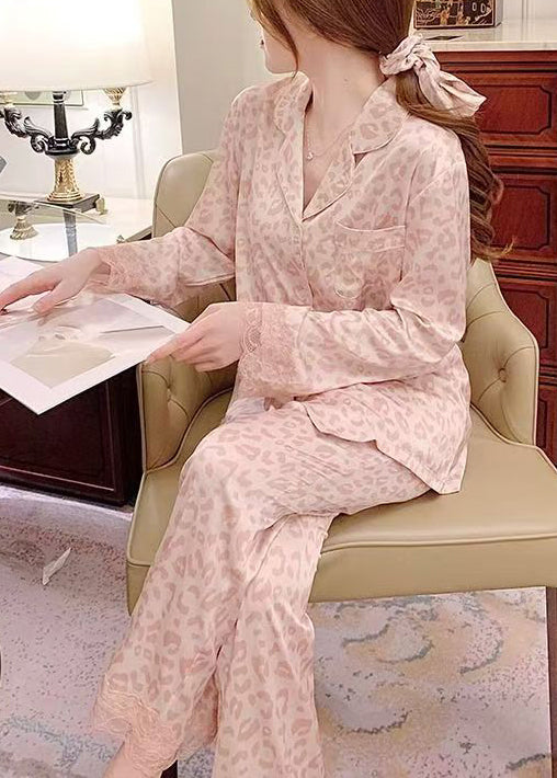 Pink Leopard Lace Patchwork Ice Silk Pajamas Two Pieces Set Spring