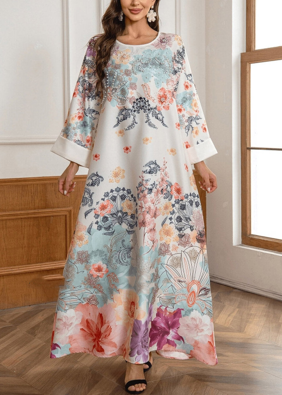 O-neck Print Zircon Maxi Dresses Fall