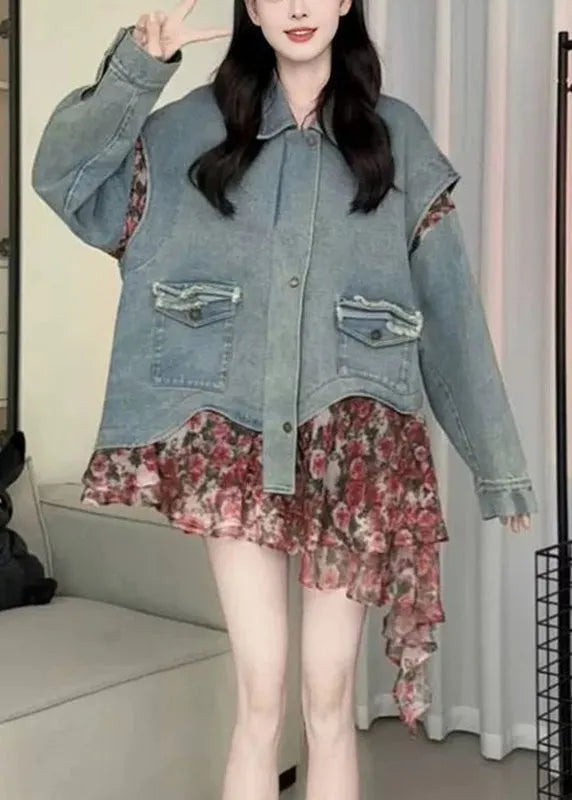Blue Peter Pan Collar Asymmetrical Print Print Denim Coat Spring