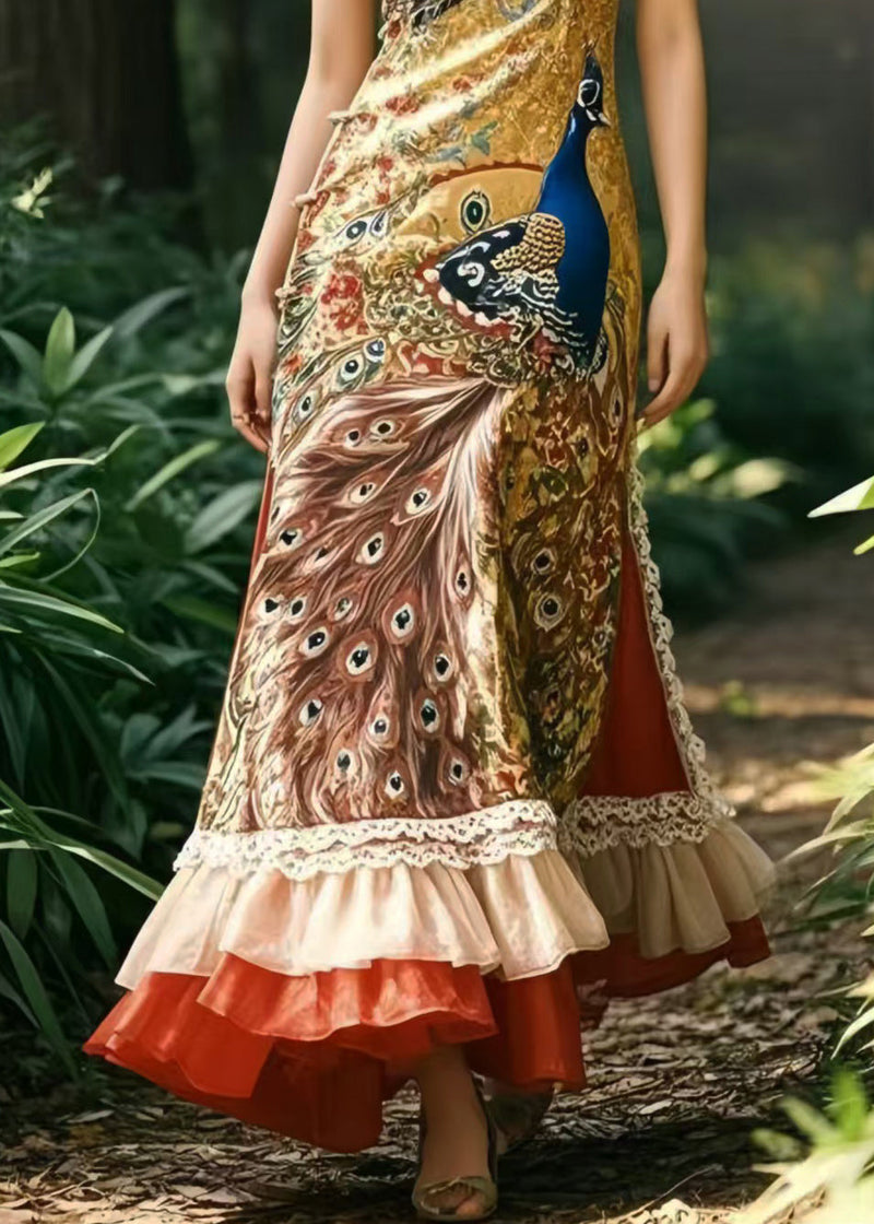 Style Peacock Print Patchwork Ruffles Silk Vestidos Dress Summer