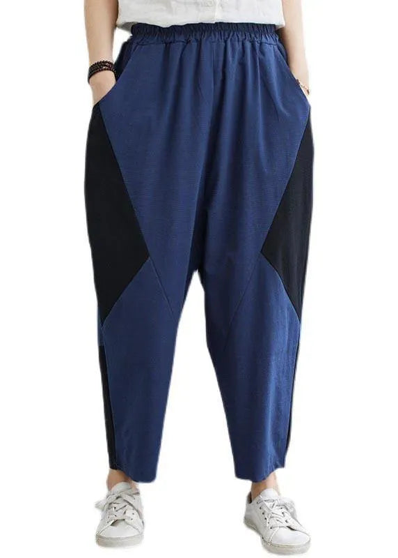 Navy Patchwork Elastic Waist Radish Trousers Pants Summer Cotton Linen