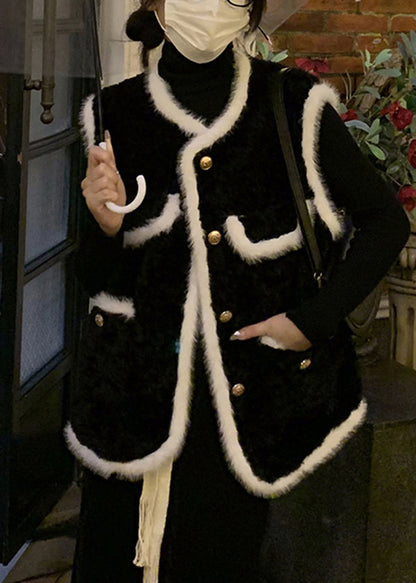 Fitted Black O-neck Pockets Patchwork Faux Fur Vest Sleeveless