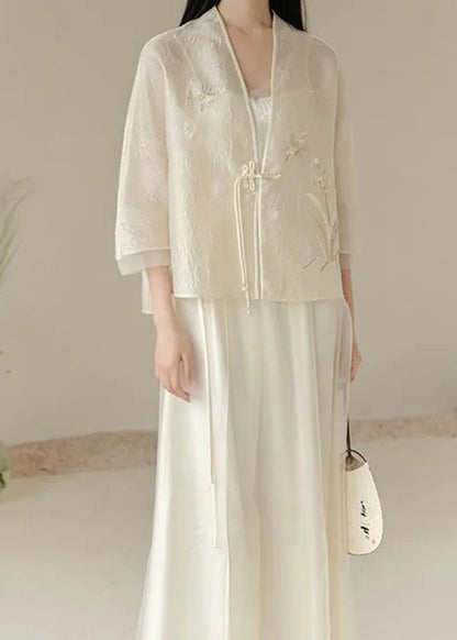Chinese Style White V Neck Embroideried Tasseled Silk Two Piece Set Outfits Fall
