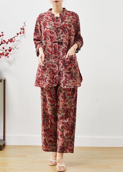 Red Print Chinese Button Linen Two Pieces Set Spring