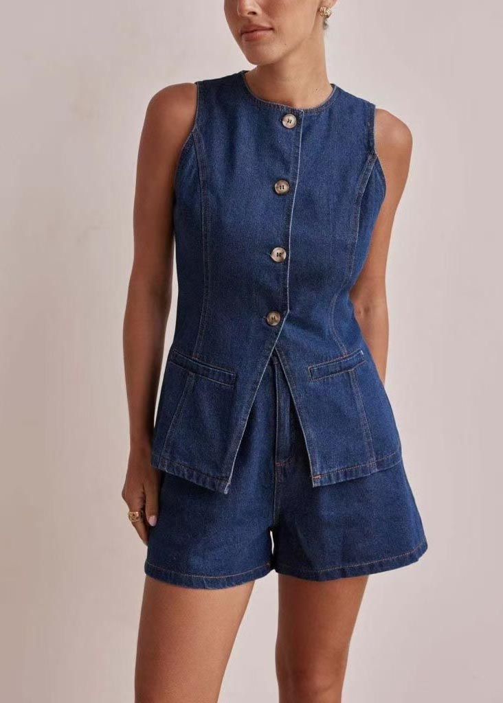 Navy Silm Fit Denim Two Piece Set Clothing Side Open Sleeveless