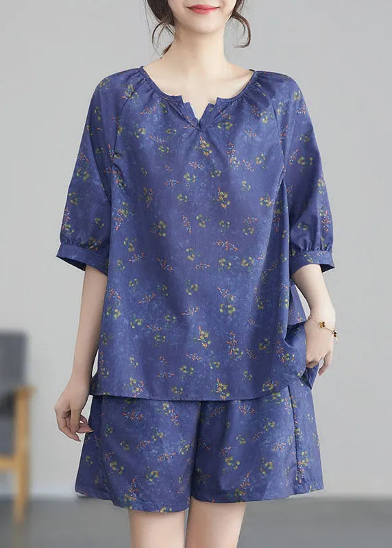 Purple Print Wrinkled Tops and Shortscotton Two Pieces Set Summer