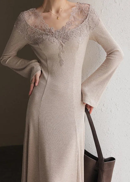 Fine Oatmeal O-neck Lace Patchwork Cotton Knit Long Sweater Dress Spring