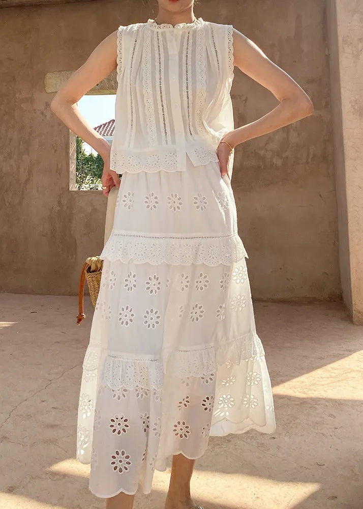 French White Hollow Out Blouses and Skirts Cotton Two Pieces Set Sleeveless