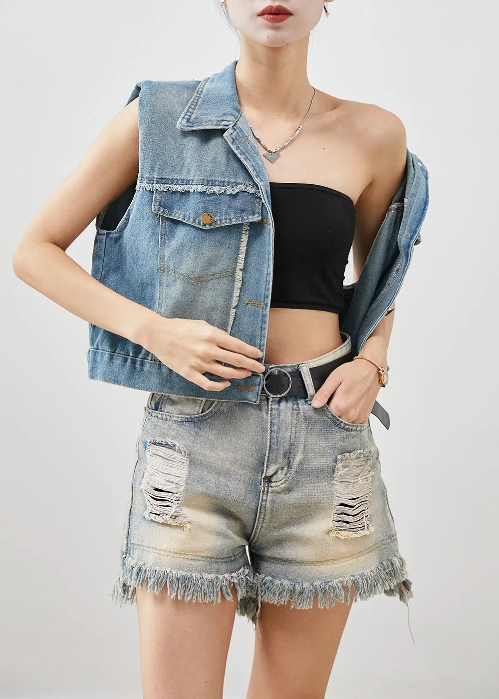 Denim Blue Tasseled Cotton Vests Fall