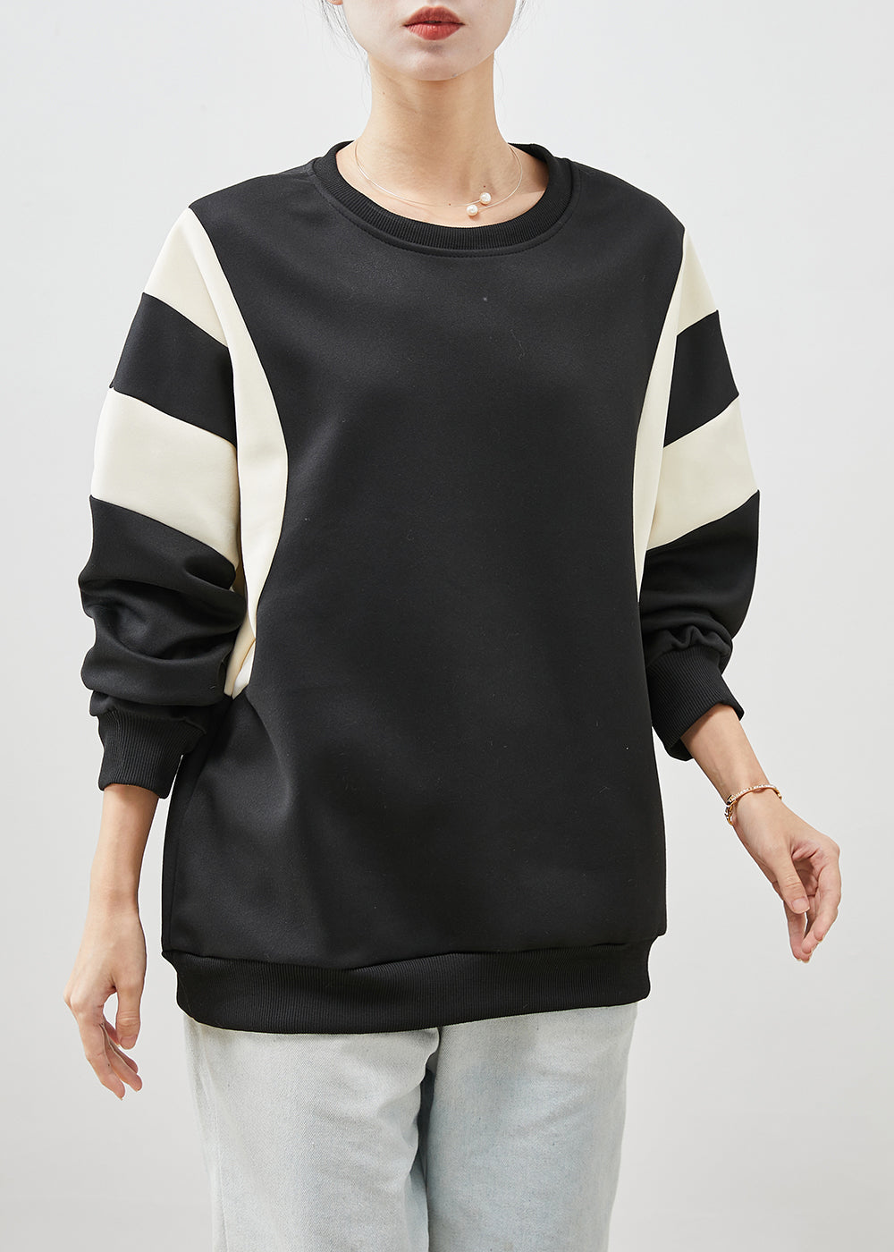 Black Oversized Patchwork Cotton Sweatshirt Spring