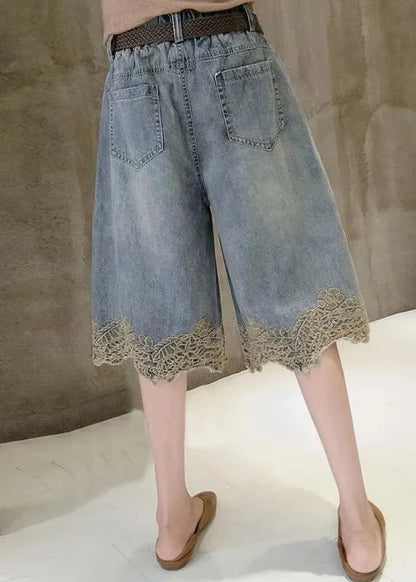 Blue High Waist Lace Patchwork Denim Shorts Summer