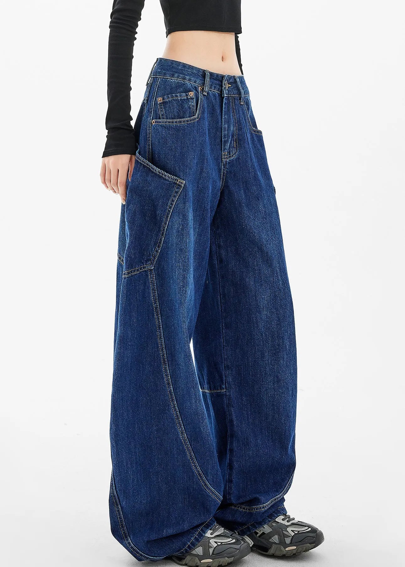 Loose Navy Pockets Wide Leg Denim Pants Spring