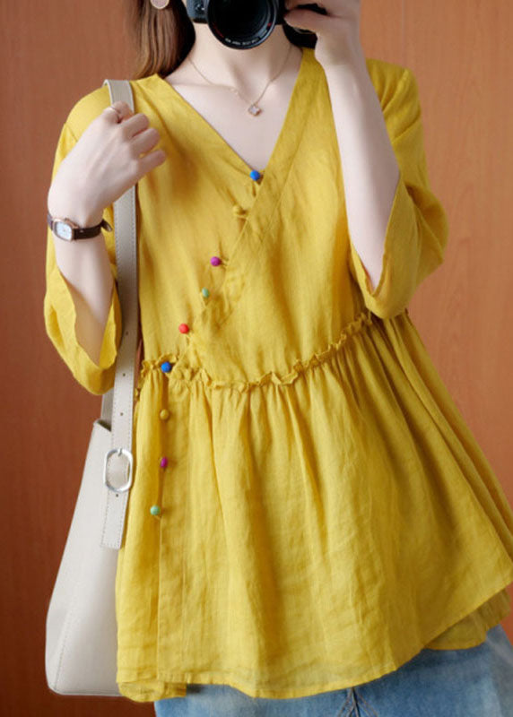 Yellow V Neck Button Fall Blouses Half Sleeve