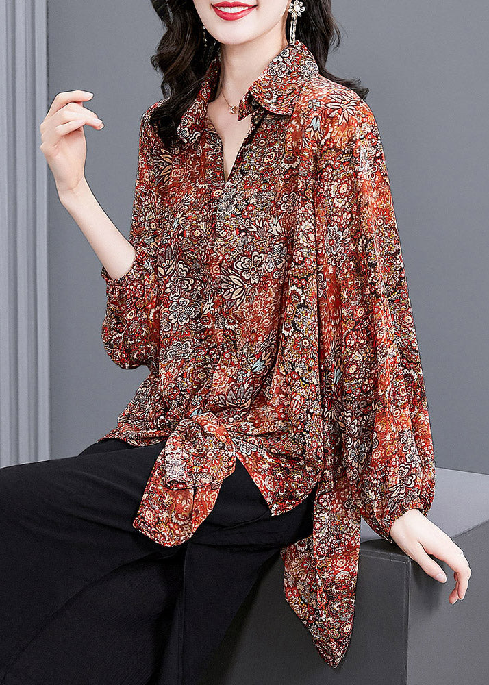 Red Peter Pan Collar Button Print Side Open Chiffon Shirt Tops Long Sleeve