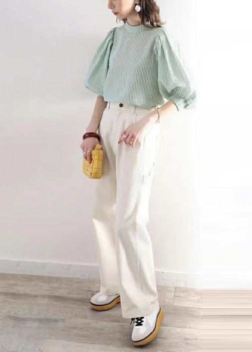 Green Puff Sleeve Striped Cotton Blouses