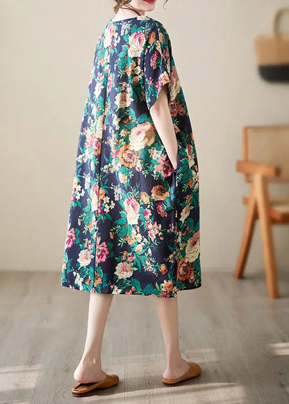 Handmade Red O-neck Print Cotton Long Dress Short Sleeve