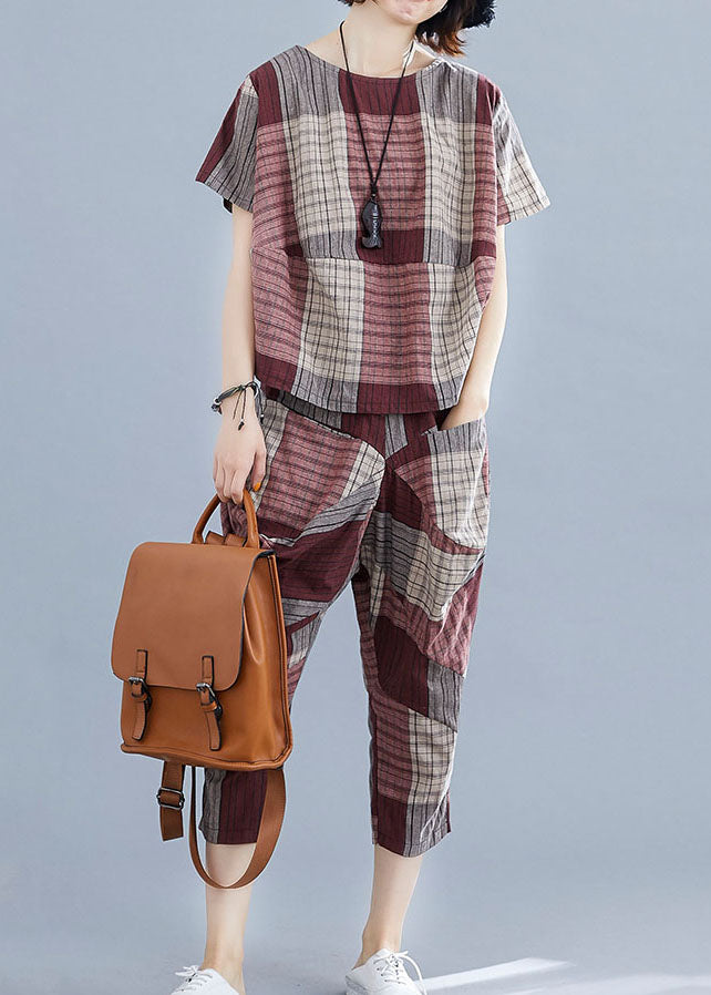 Diy Mulberry Plaid O-neck Cotton Tops and Pants Two Pieces Summer