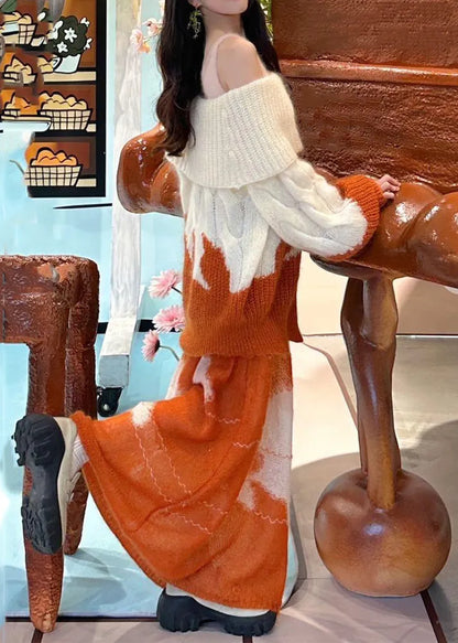 New Orange Hollow Out Tops and Skirts Knit Two Pieces Set Spring