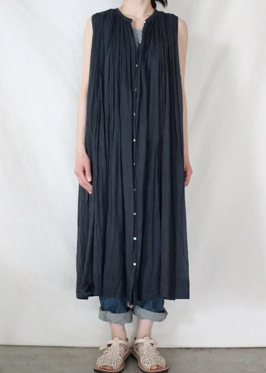 Loose Dark Blue O-neck Wrinkled Button Maxi Shirt Dresses Sleeveless