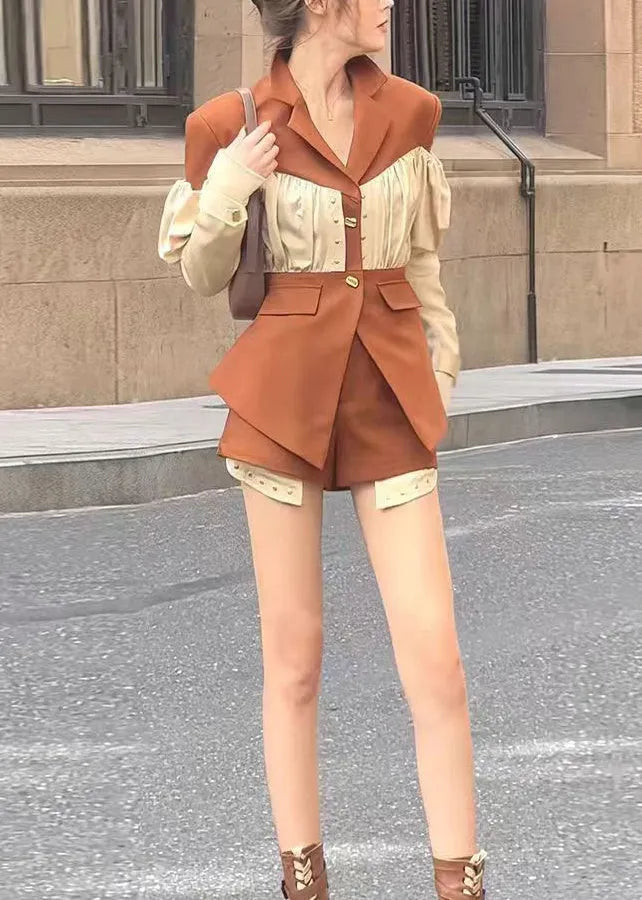 French Coffee Wrinkled Patchwork Coat and Shorts Two Pieces Spring