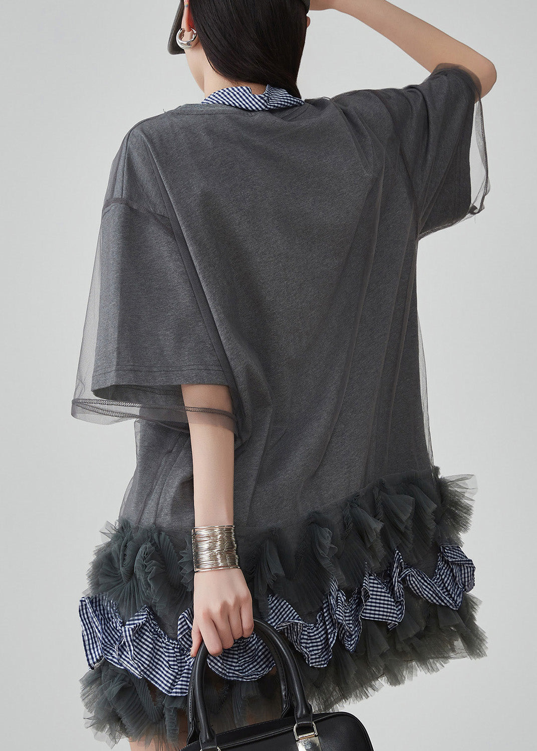 Grey Ruffled Tulle Patchwork Fake Two Pieces Mid Dress Short Sleeve